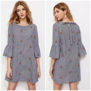 Shein Embroidered Floral Gingham Fluted Bell Sleeve Shift Dress Bow Black Sz S